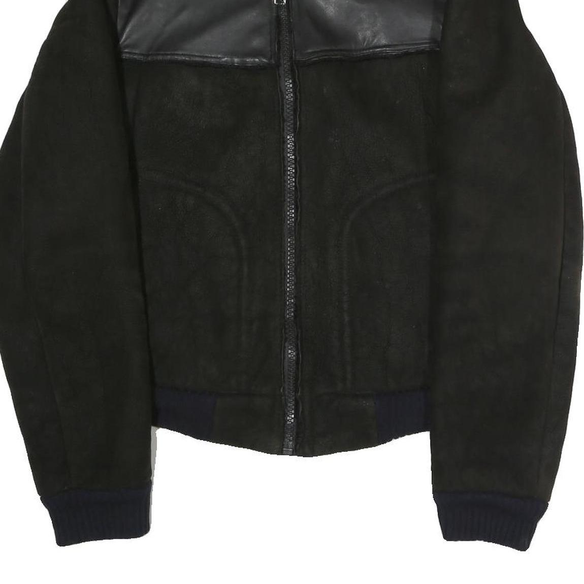 Mens Black Polyester Blend Zip Jacket S Faux Leather Contrast Plain Casual