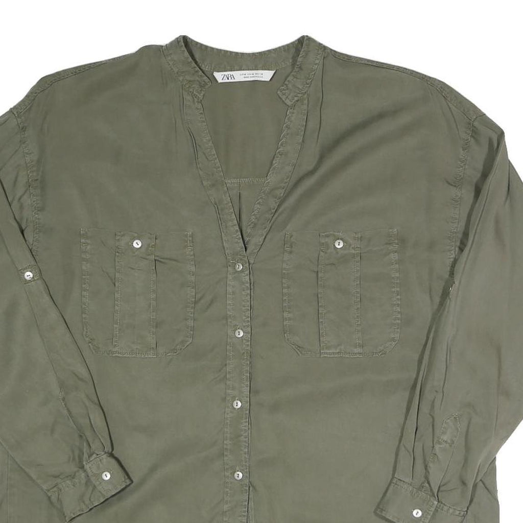 ZARA Womens Green Basic Long Sleeve Button Neck Shirt M Casual Cotton Blend Top
