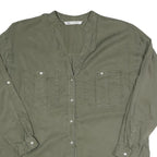 ZARA Womens Green Basic Long Sleeve Button Neck Shirt M Casual Cotton Blend Top