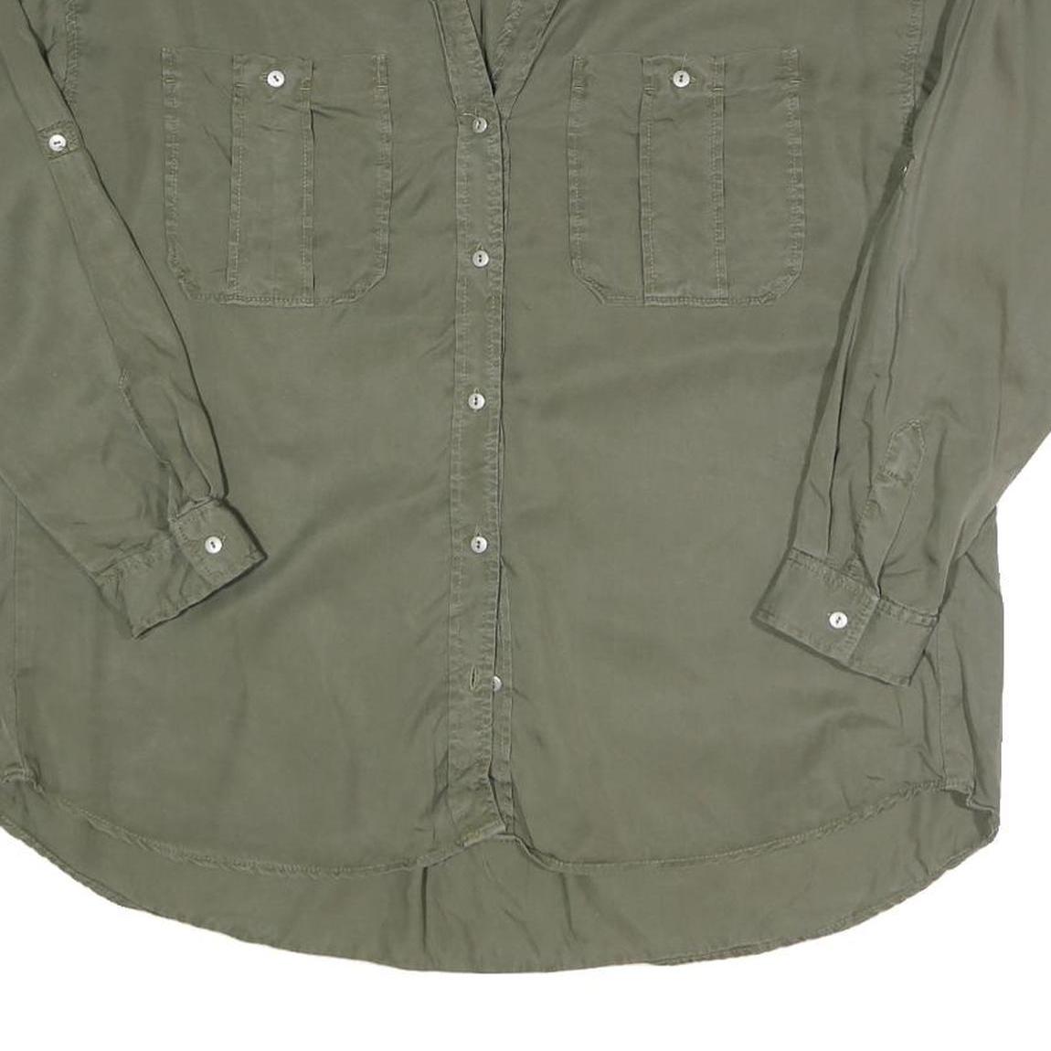 ZARA Womens Green Basic Long Sleeve Button Neck Shirt M Casual Cotton Blend Top