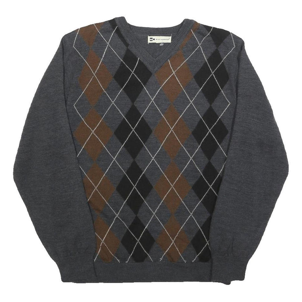 WILKE-RODRIGUEZ Mens Grey Brown Black Patterned V-Neck Basic Knit M Jumper