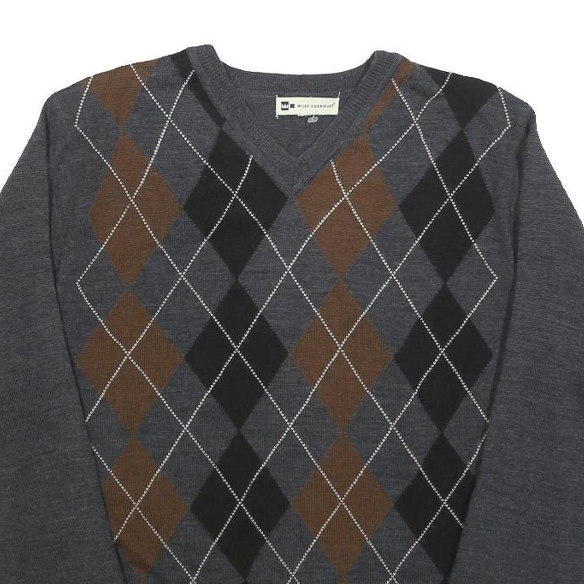 WILKE-RODRIGUEZ Mens Grey Brown Black Patterned V-Neck Basic Knit M Jumper