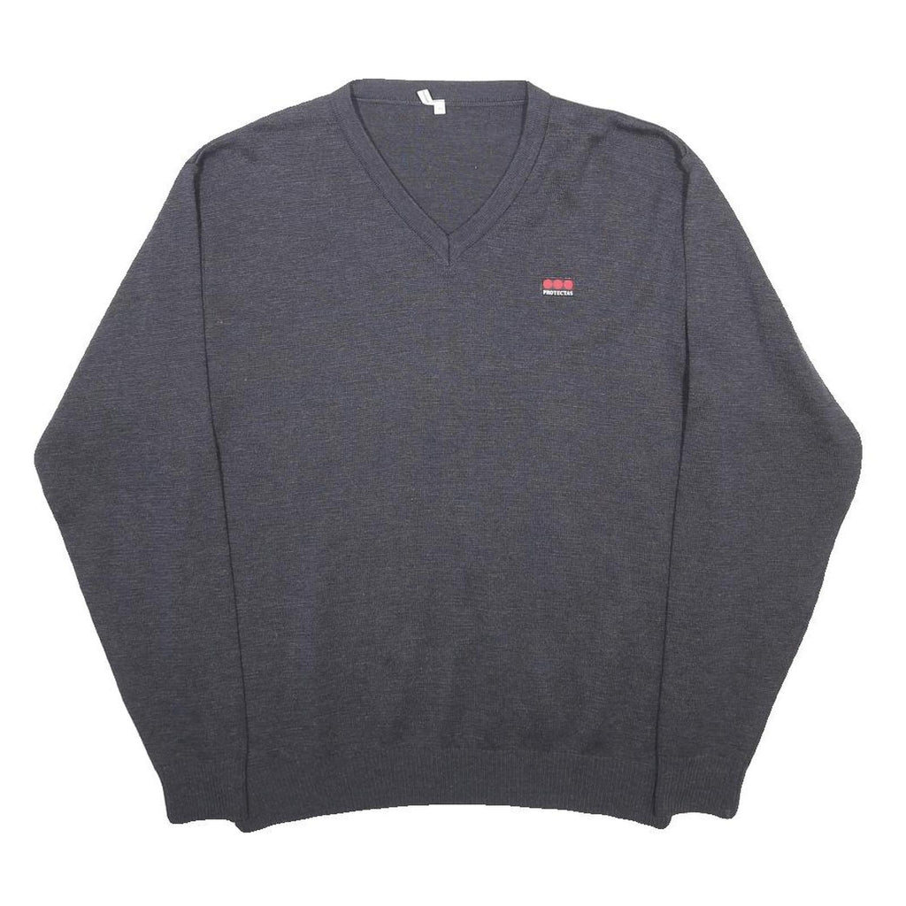 PROTECTAS Mens Grey Plain Wool Blend Jumper V-Neck Basic Knit XL Wool Blend