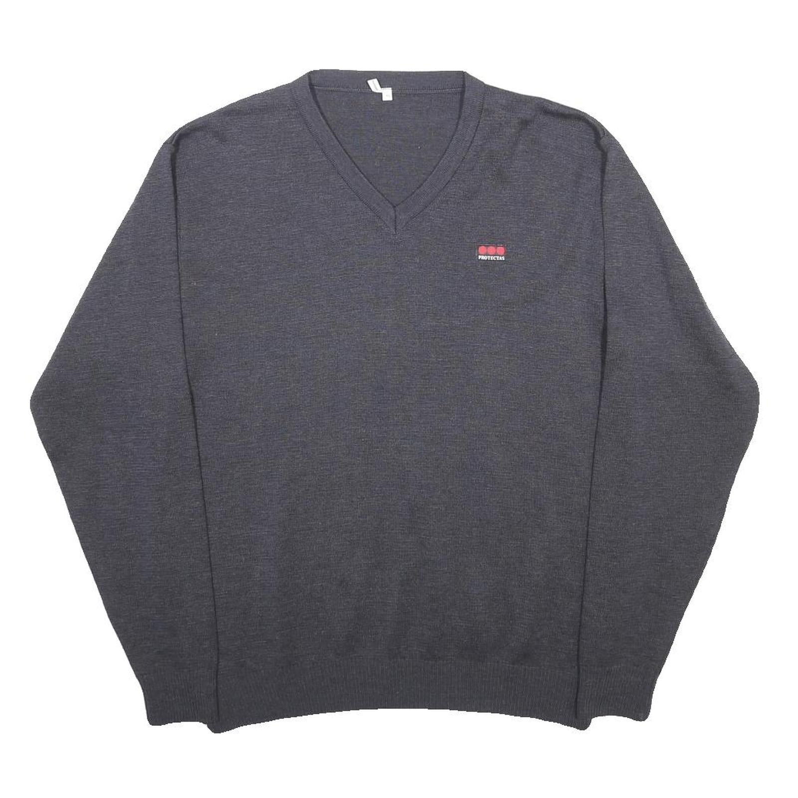 PROTECTAS Mens Grey Plain Wool Blend Jumper V-Neck Basic Knit XL Wool Blend