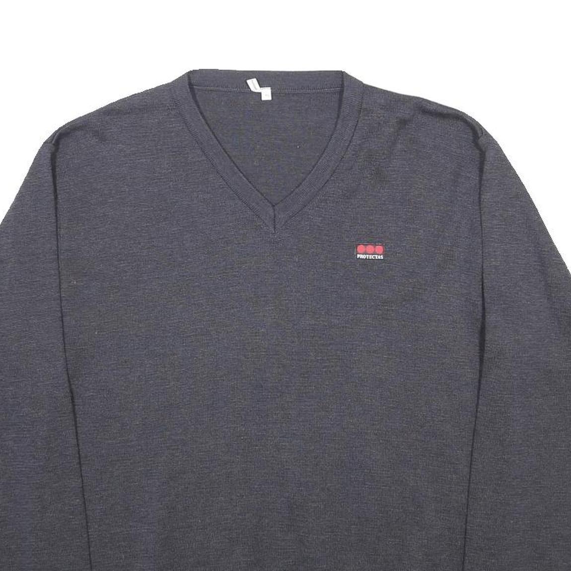 PROTECTAS Mens Grey Plain Wool Blend Jumper V-Neck Basic Knit XL Wool Blend