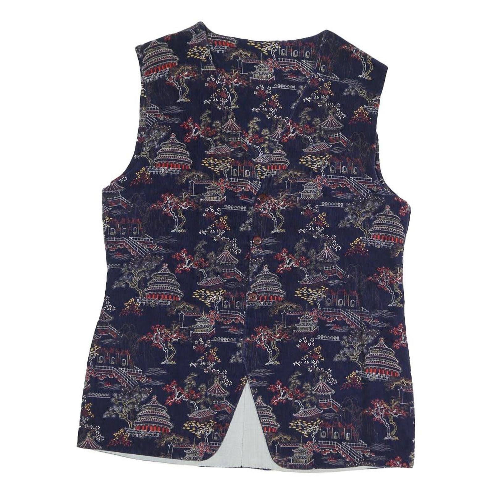 Mens Navy Blue Cotton Blend Button Jacket M Printed Pattern Asian Motif Vest