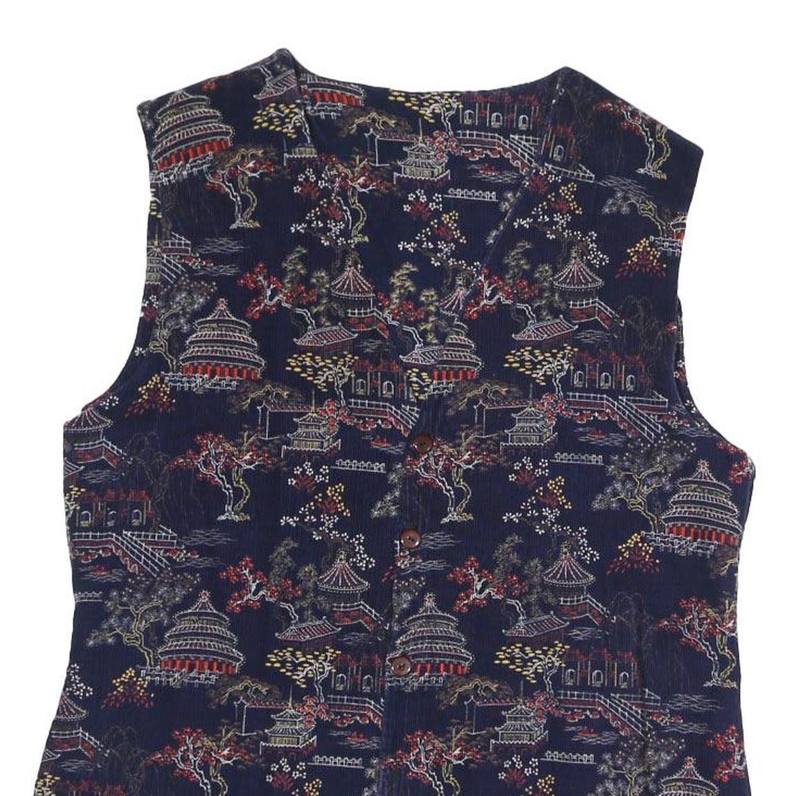 Mens Navy Blue Cotton Blend Button Jacket M Printed Pattern Asian Motif Vest