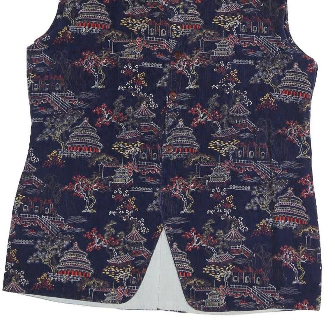 Mens Navy Blue Cotton Blend Button Jacket M Printed Pattern Asian Motif Vest