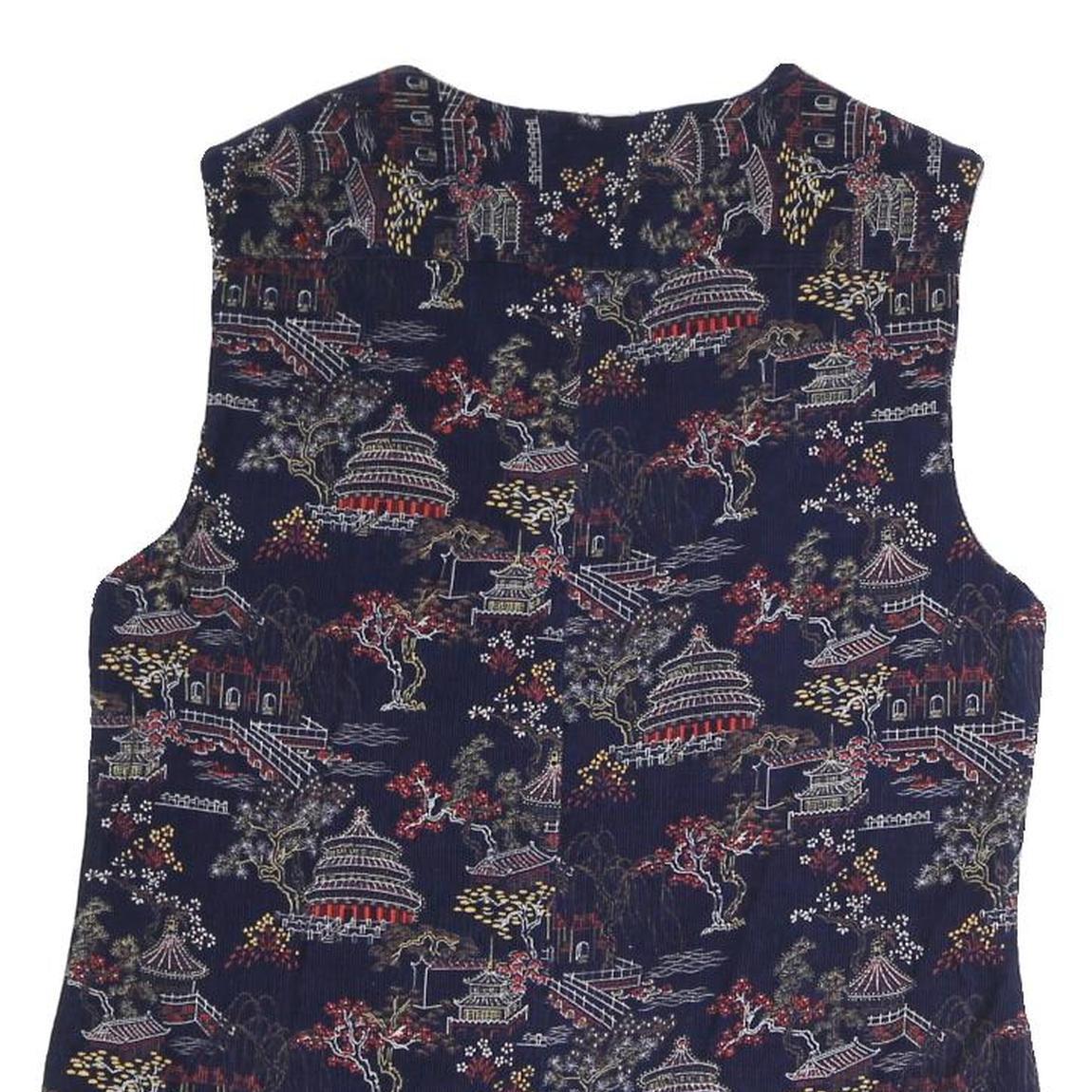 Mens Navy Blue Cotton Blend Button Jacket M Printed Pattern Asian Motif Vest