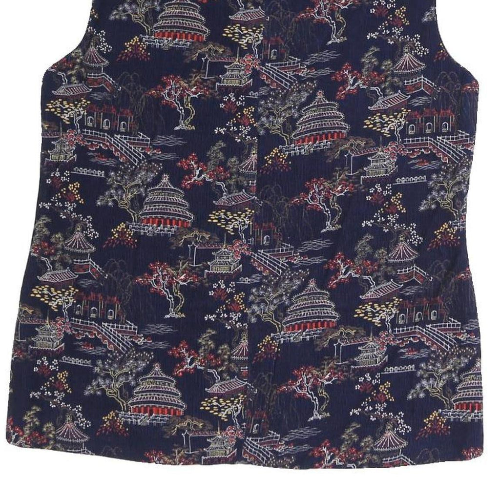Mens Navy Blue Cotton Blend Button Jacket M Printed Pattern Asian Motif Vest