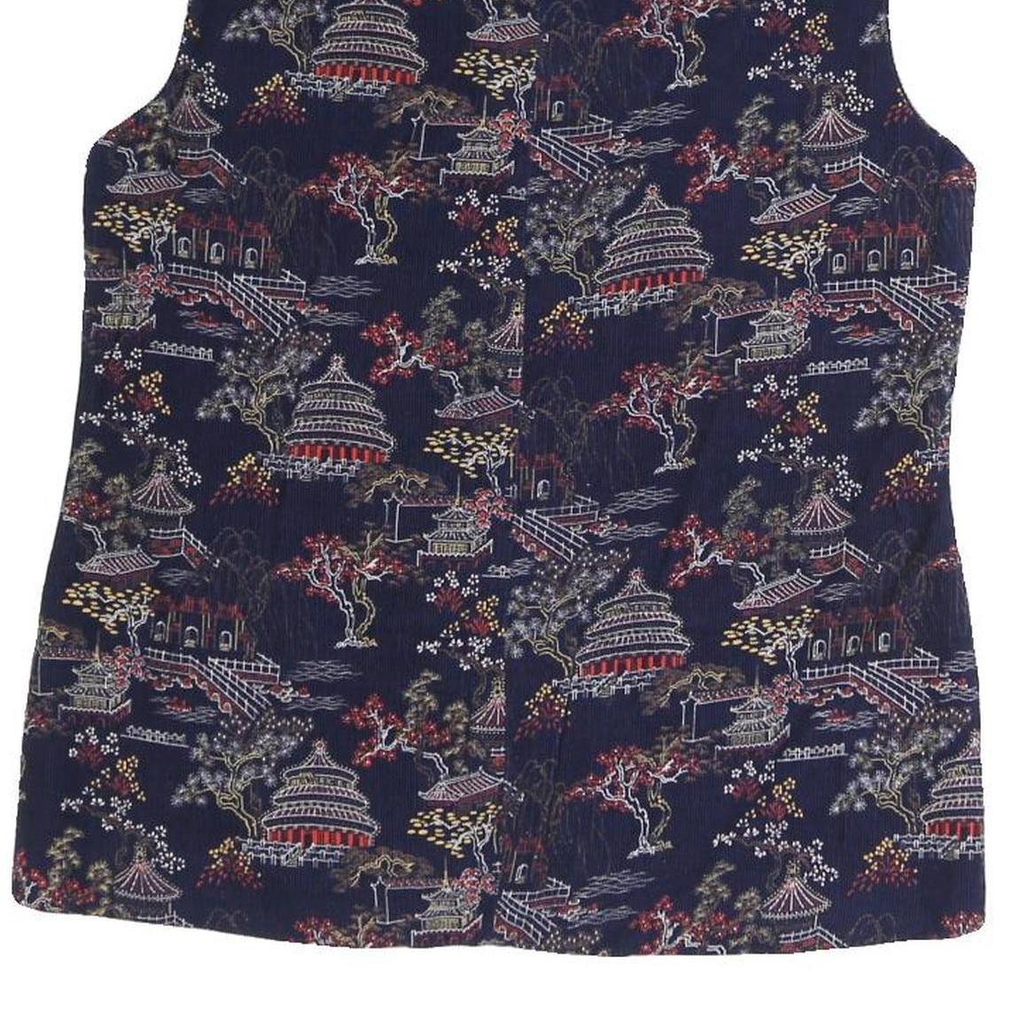 Mens Navy Blue Cotton Blend Button Jacket M Printed Pattern Asian Motif Vest