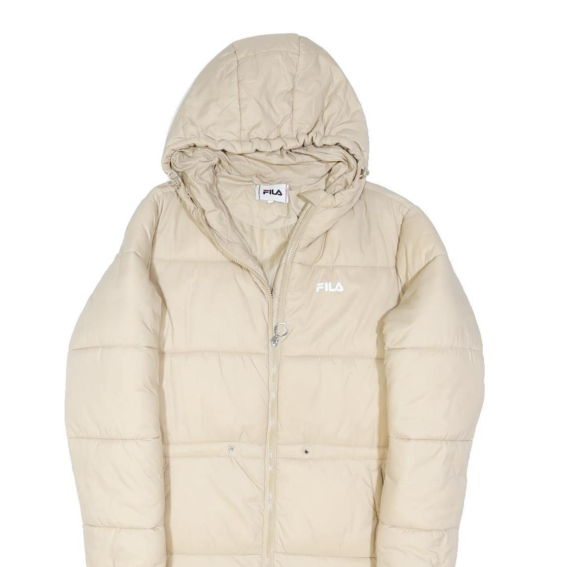 FILA Womens Beige Zip Up Puffer Jacket S Polyester Blend Hooded Long Sleeve