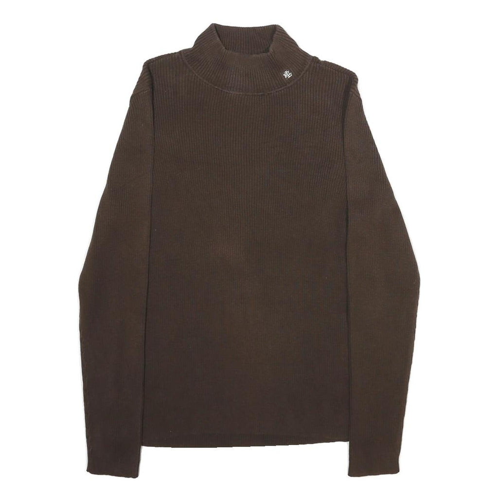 LAUREN RALPH LAUREN Womens Brown Plain Pullover Roll Neck Basic Knit L Cotton