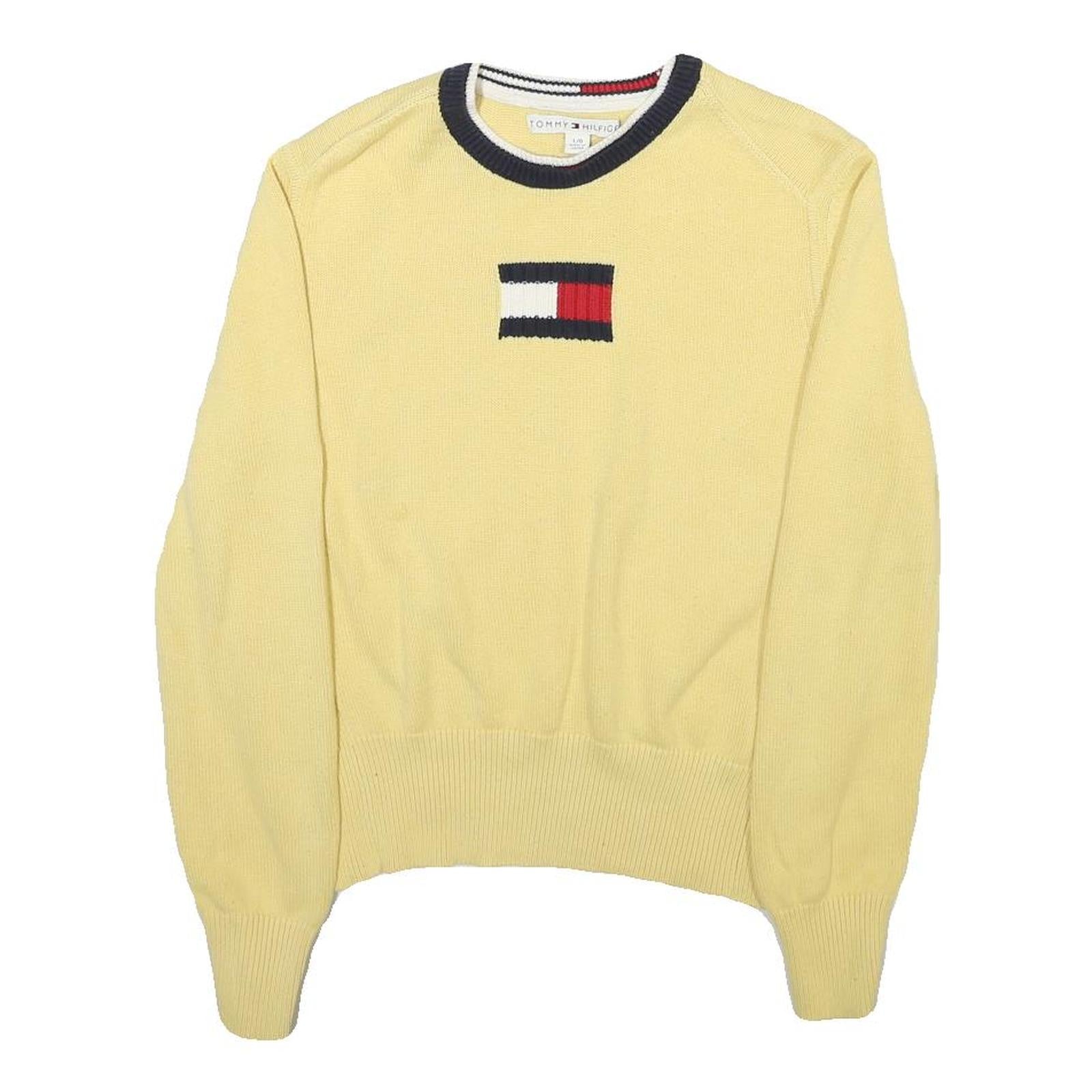 TOMMY HILFIGER Womens Yellow Plain Cotton Blend Jumper Crew Neck Tight Knit L