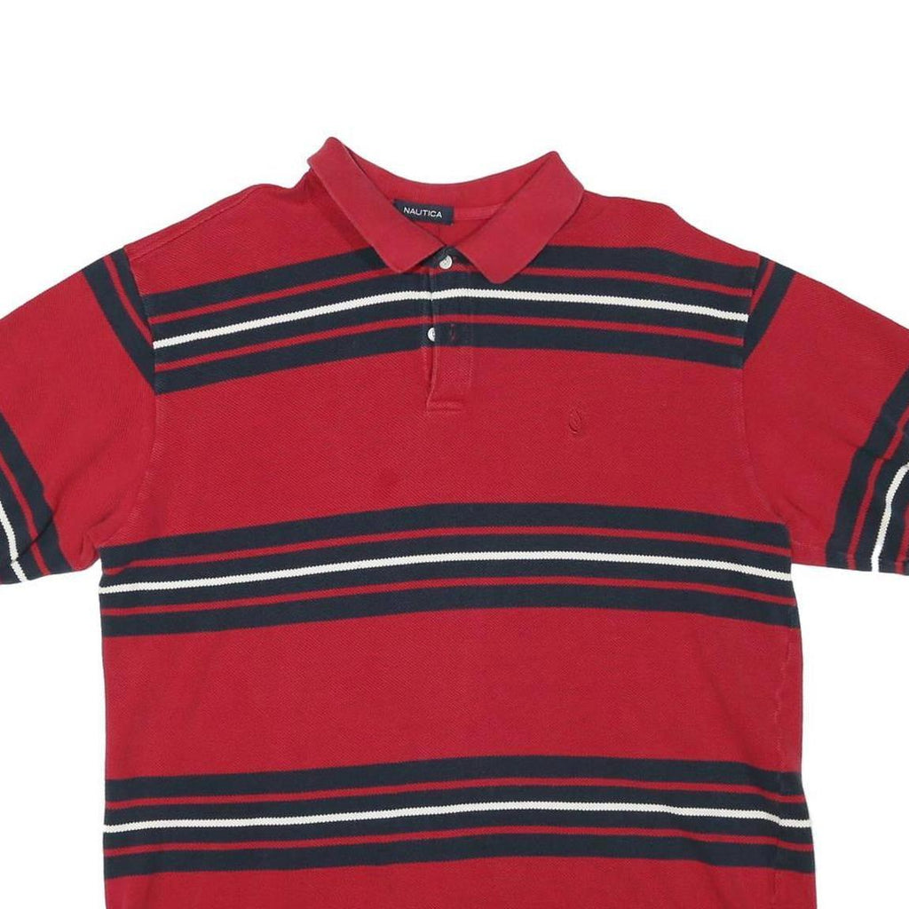 NAUTICA Mens Red & Navy Striped Short Sleeve Polo Shirt L Cotton Blend Casual
