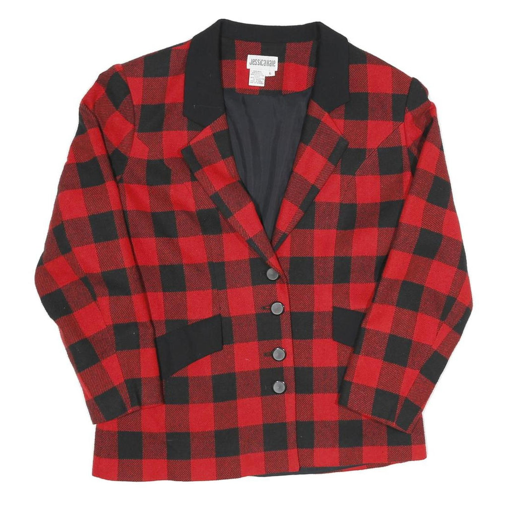 Womens Red & Black Check Button Jacket M Cotton Blend Classic Retro Style