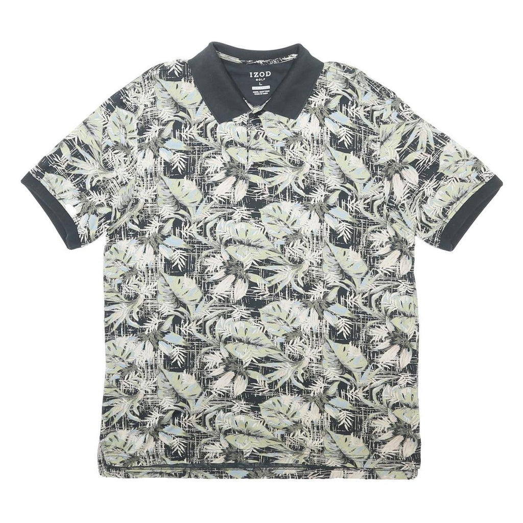 IZOD Mens Blue & Green Leaf Print Short Sleeve Polo Shirt L Cotton Blend Casual
