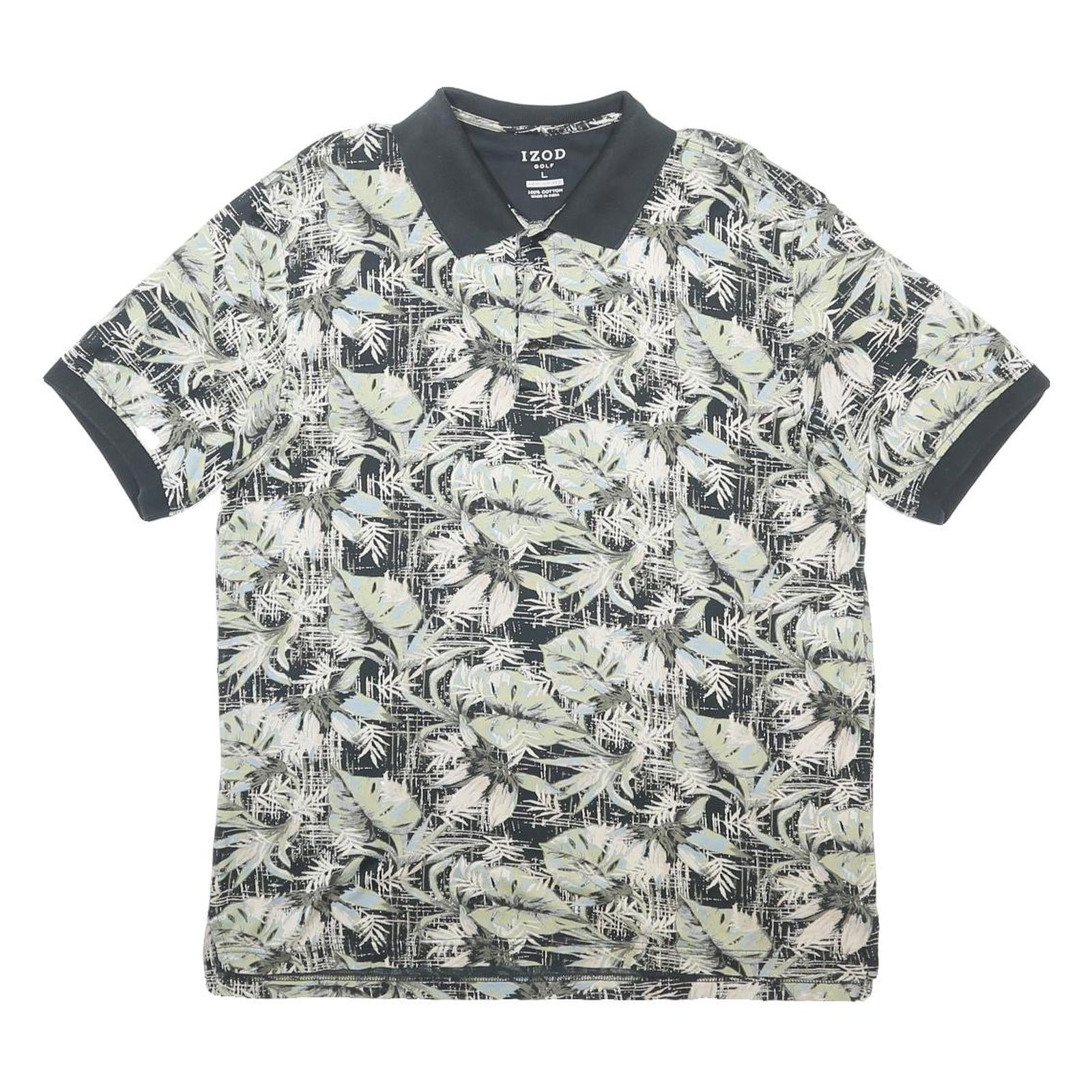 IZOD Mens Blue & Green Leaf Print Short Sleeve Polo Shirt L Cotton Blend Casual