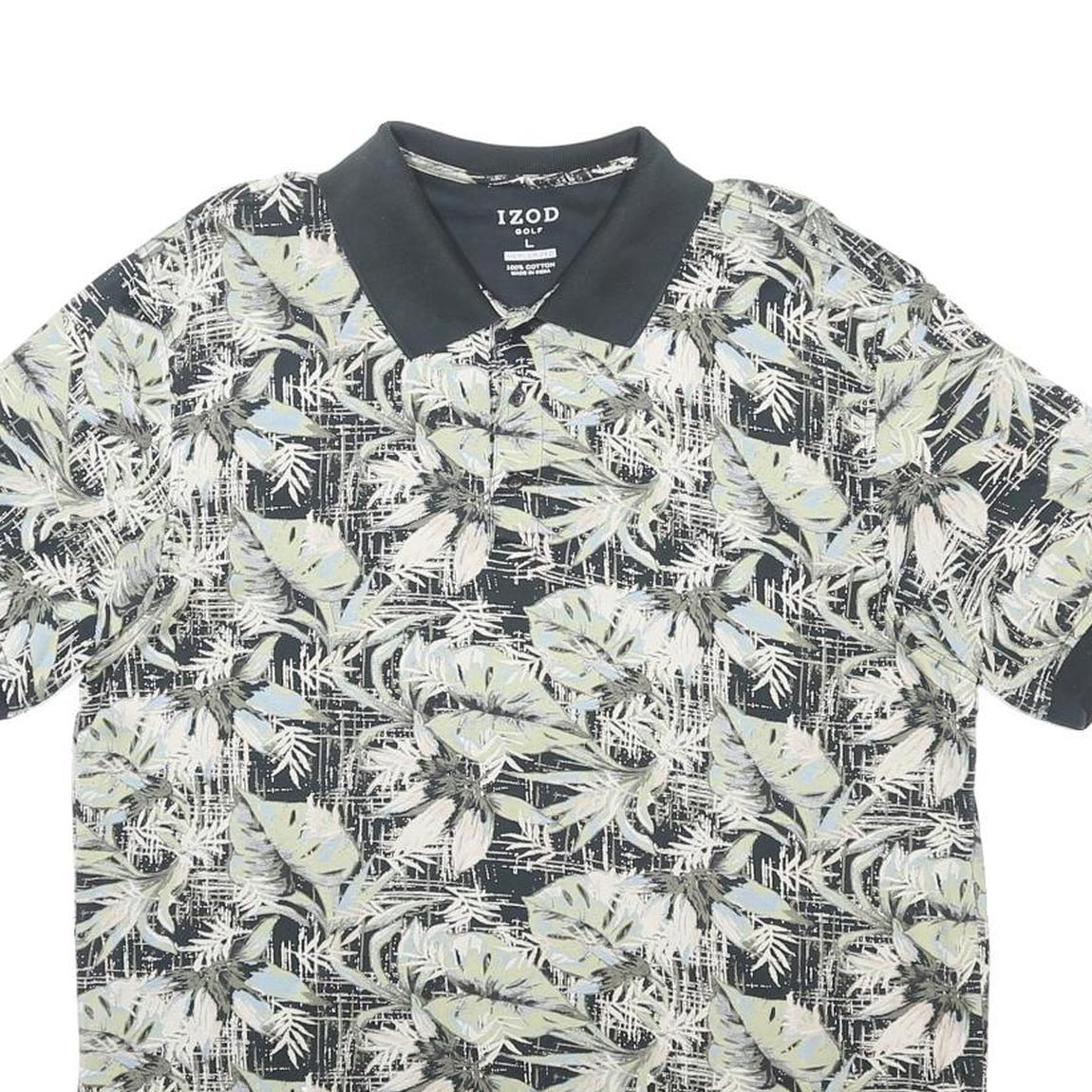 IZOD Mens Blue & Green Leaf Print Short Sleeve Polo Shirt L Cotton Blend Casual