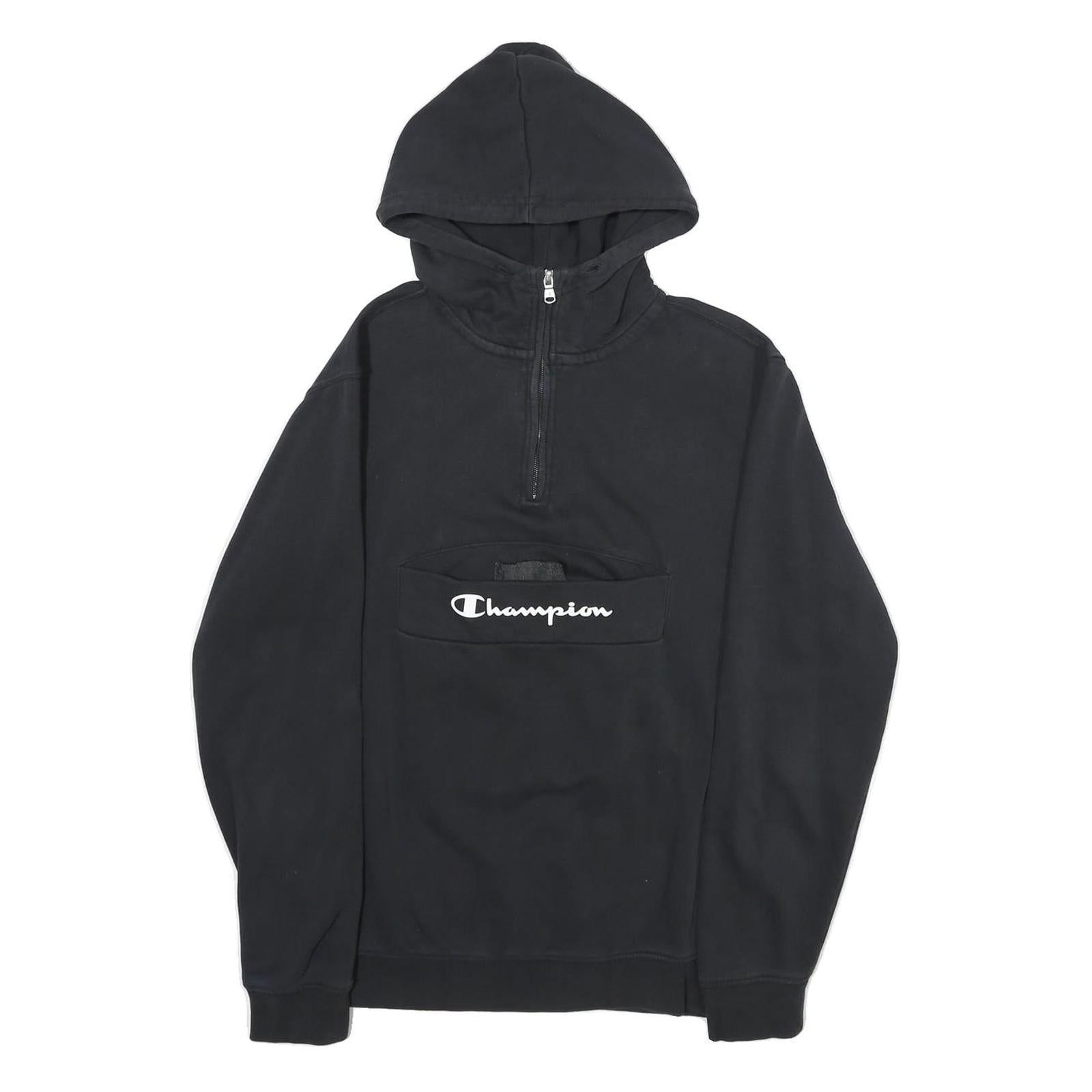 CHAMPION Mens Black Pullover Hoodie S Cotton Blend Zip Pocket Logo