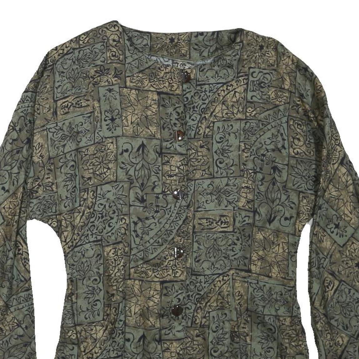 Womens Green Printed Cotton Blend Button Shirt Long Sleeve Round Neck M Stylish