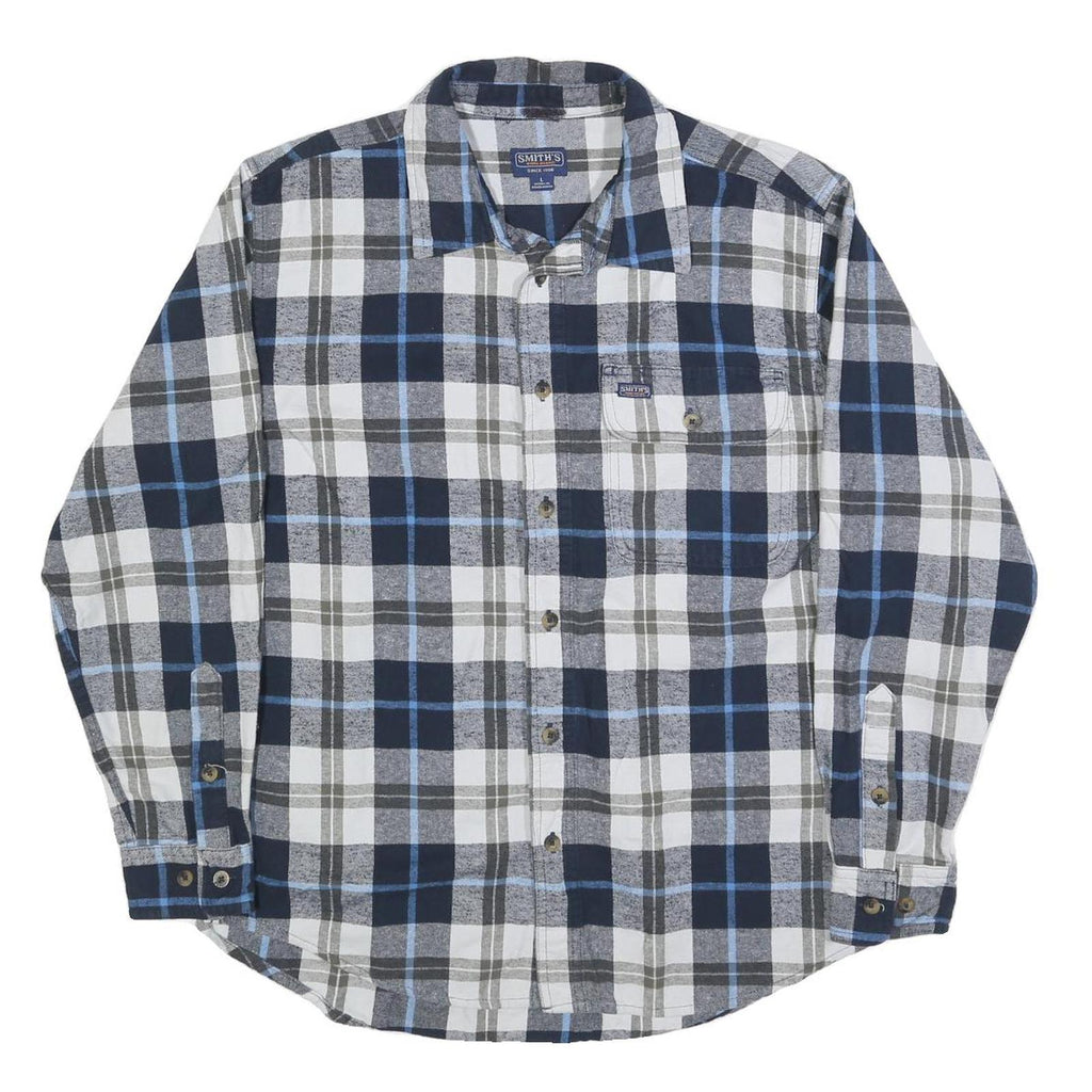SMITHS Mens Blue & Grey Check Shirt L Casual Cotton Blend Long Sleeve