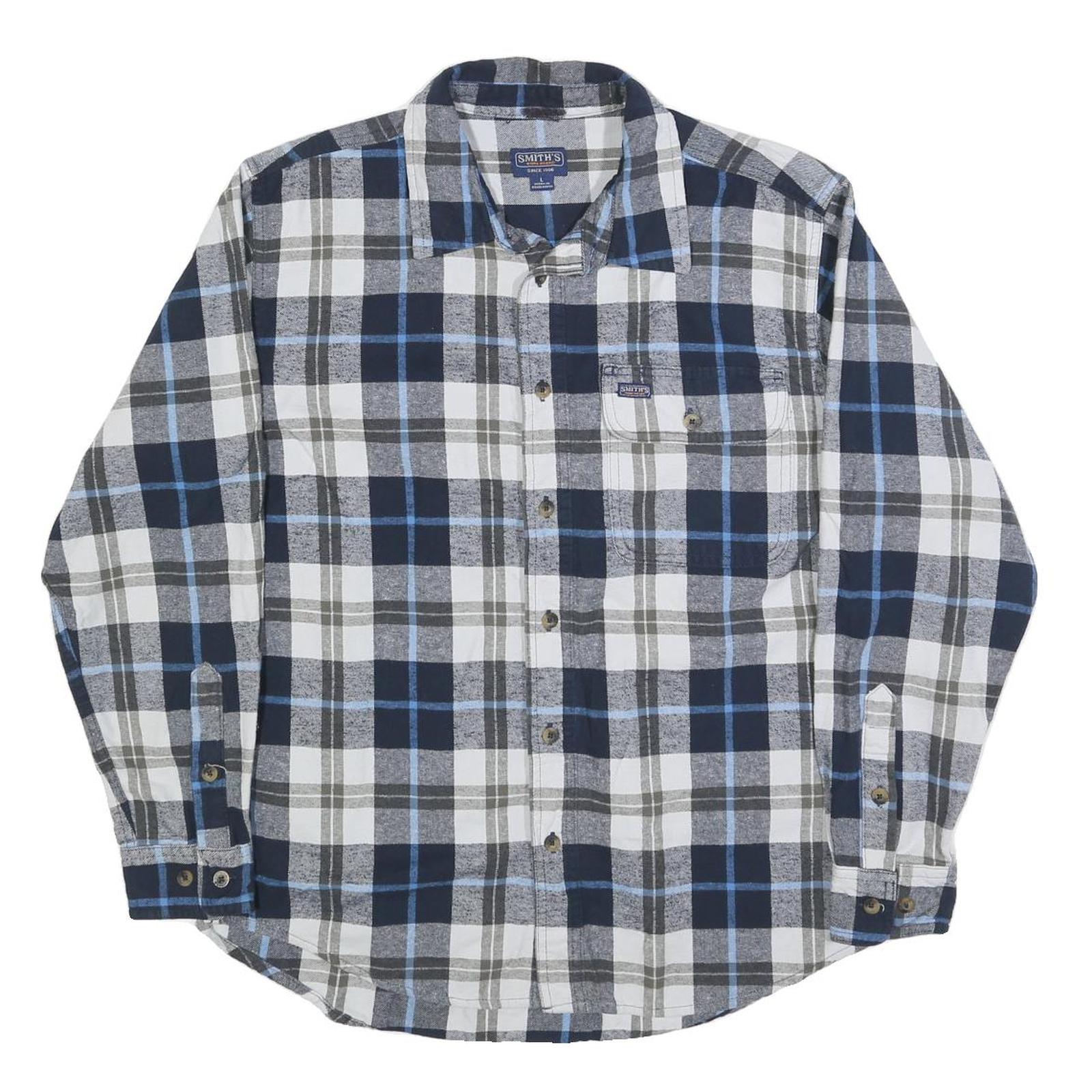 SMITHS Mens Blue & Grey Check Shirt L Casual Cotton Blend Long Sleeve