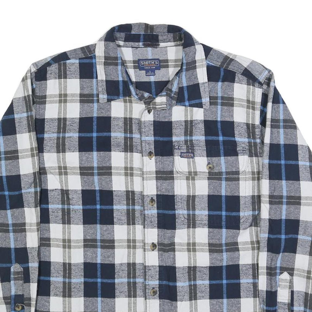 SMITHS Mens Blue & Grey Check Shirt L Casual Cotton Blend Long Sleeve