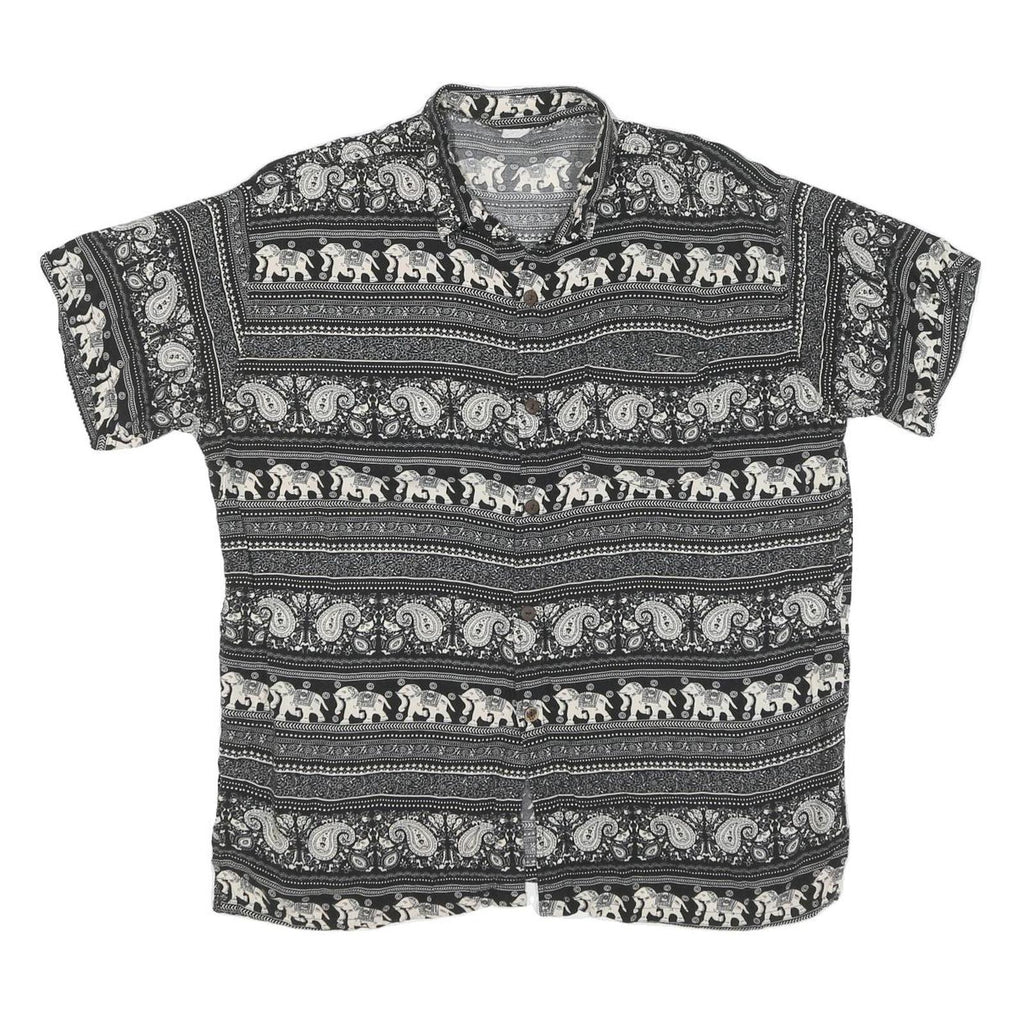 Mens Black & Cream Printed Cotton Blend Shirt M Elephant Pattern Casual Short