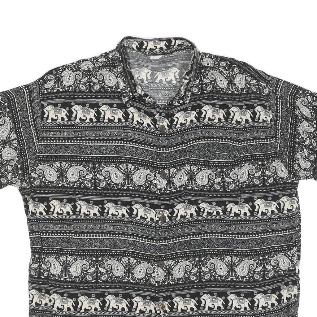 Mens Black & Cream Printed Cotton Blend Shirt M Elephant Pattern Casual Short