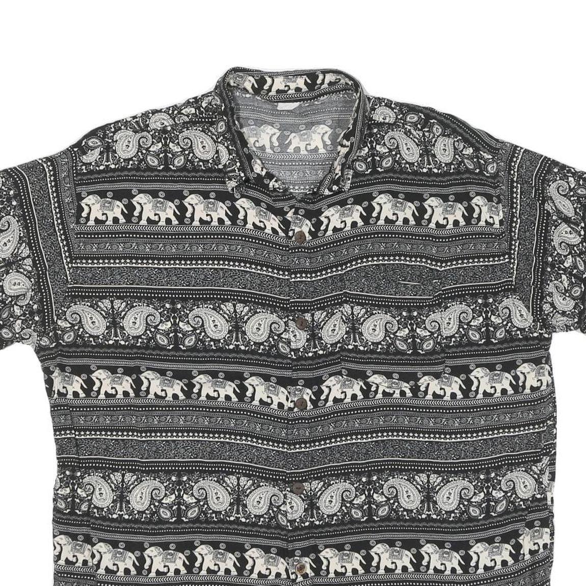Mens Black & Cream Printed Cotton Blend Shirt M Elephant Pattern Casual Short