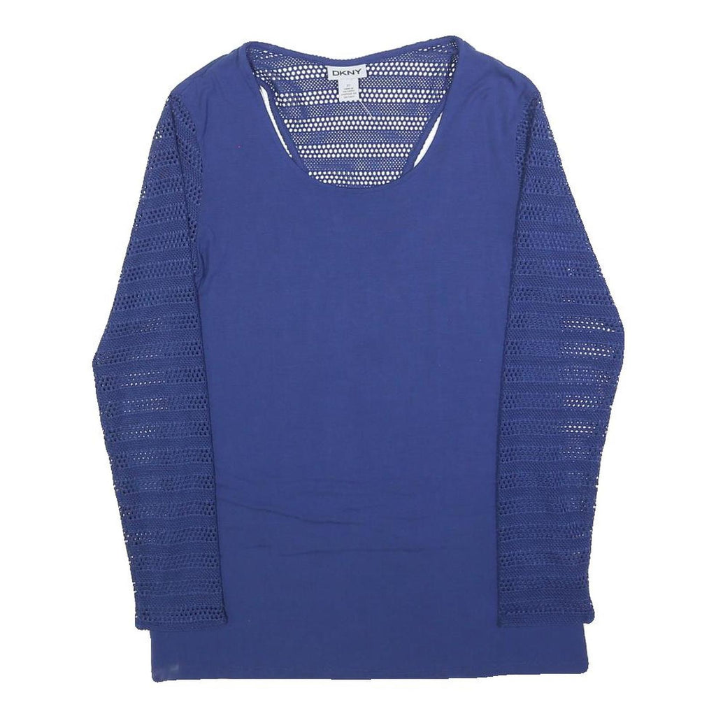 DKNY Womens Blue Top Long Sleeve Round Neck Crochet Detail XS Casual