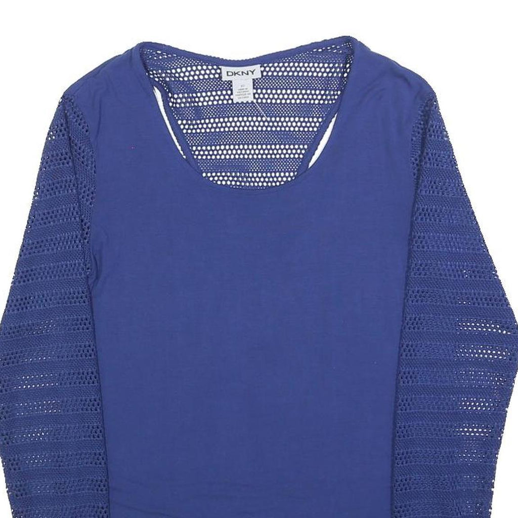 DKNY Womens Blue Top Long Sleeve Round Neck Crochet Detail XS Casual