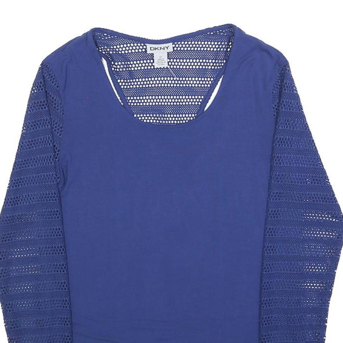 DKNY Womens Blue Top Long Sleeve Round Neck Crochet Detail XS Casual