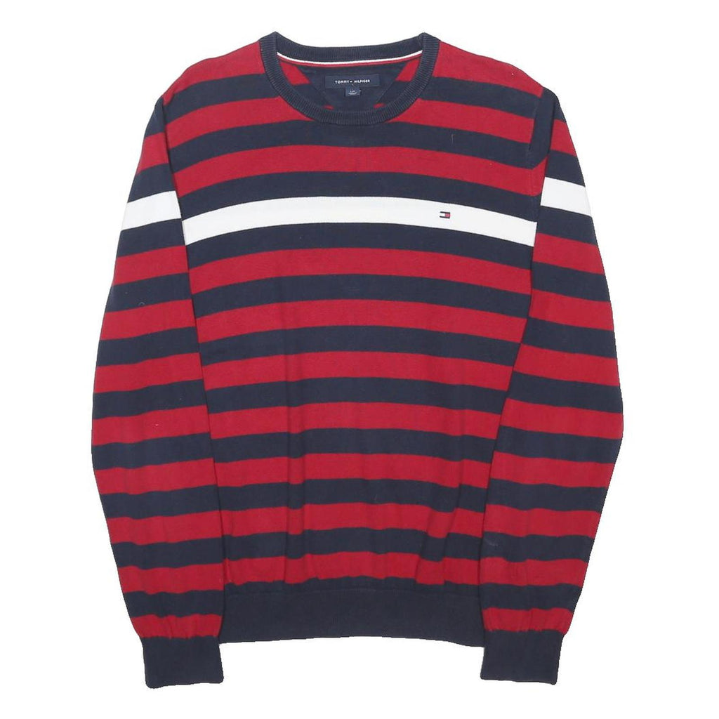 TOMMY HILFIGER Mens Red & Blue Patterned Cotton Blend Jumper Crew Neck Basic