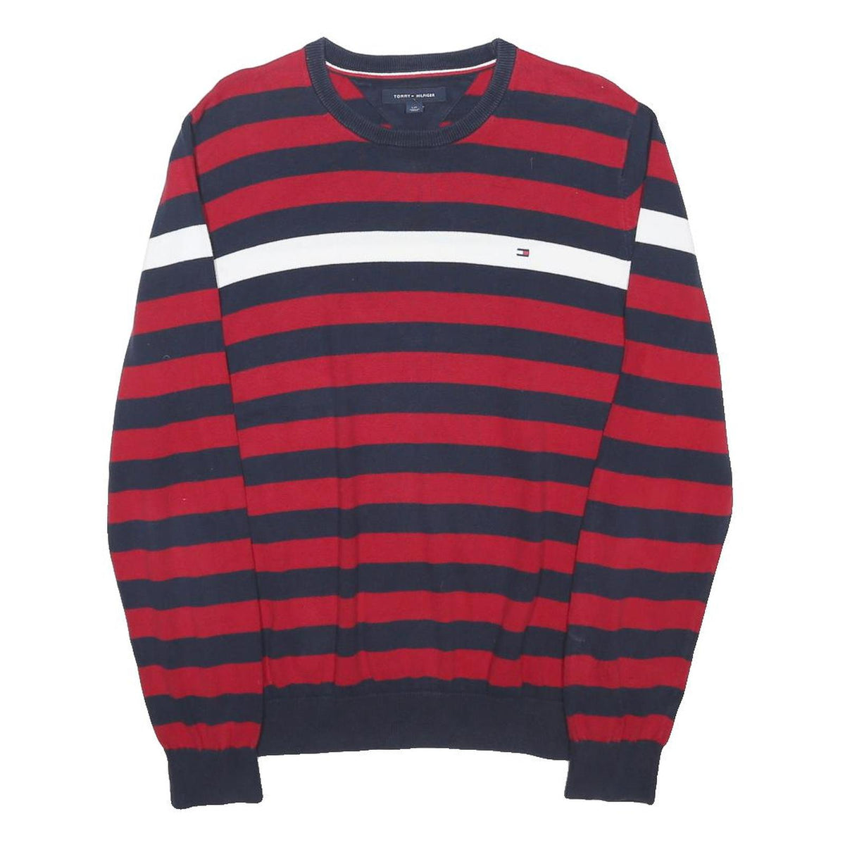 TOMMY HILFIGER Mens Red & Blue Patterned Cotton Blend Jumper Crew Neck Basic