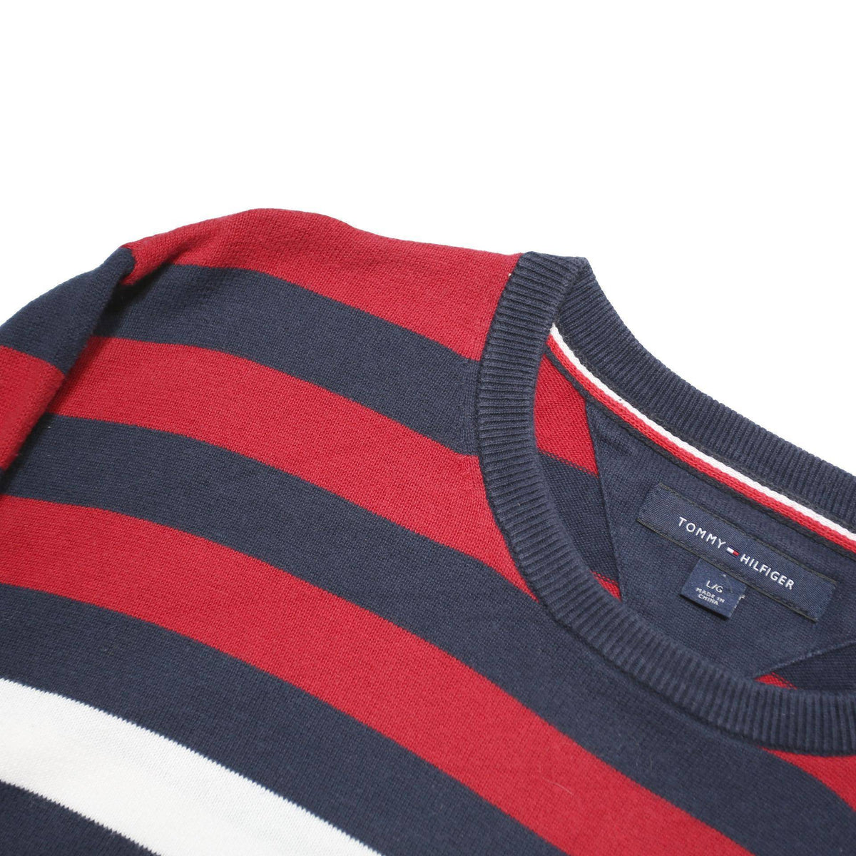 TOMMY HILFIGER Mens Red & Blue Patterned Cotton Blend Jumper Crew Neck Basic