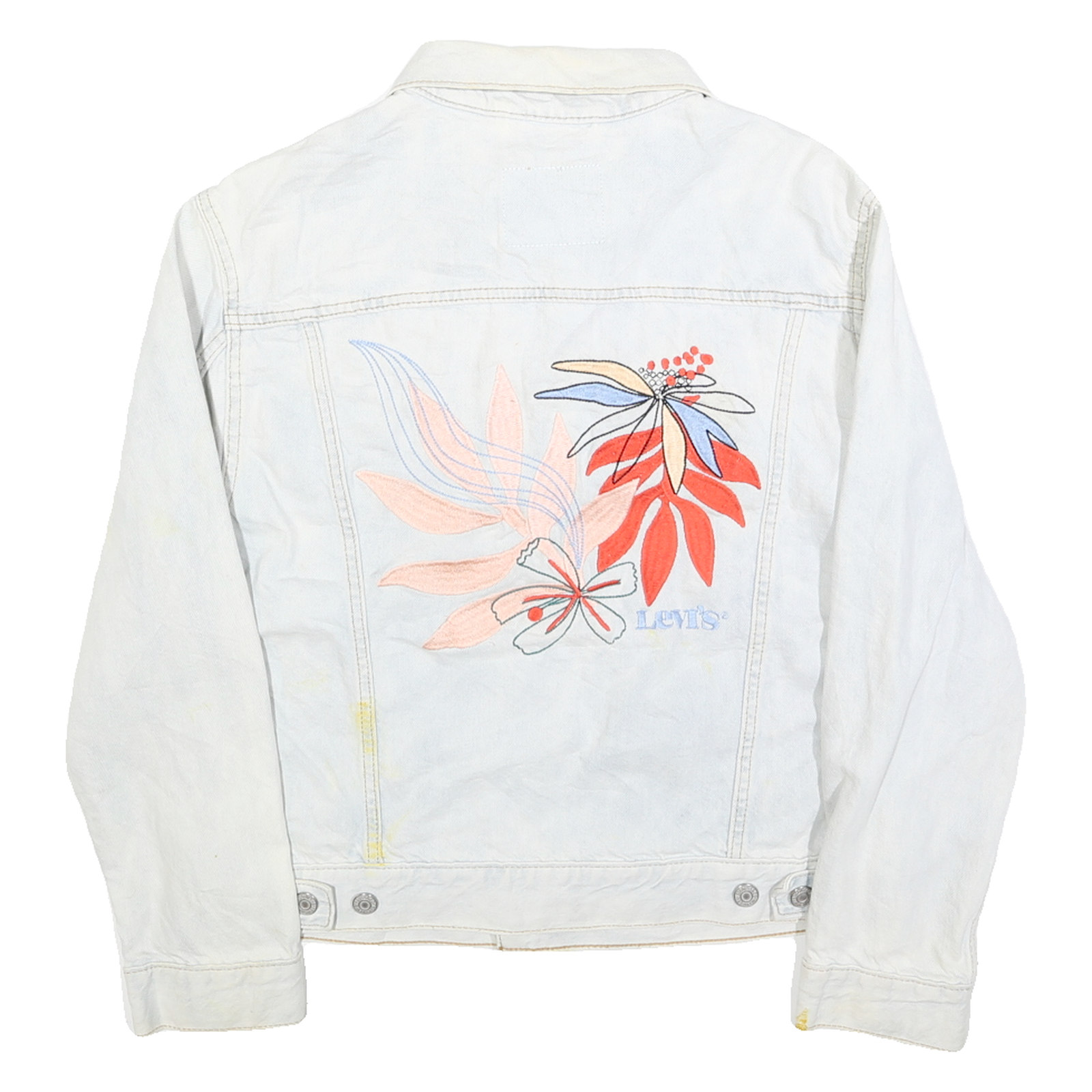 LEVI'S Womens Blue Denim Jacket M Cotton Button Floral Embroidered Casual