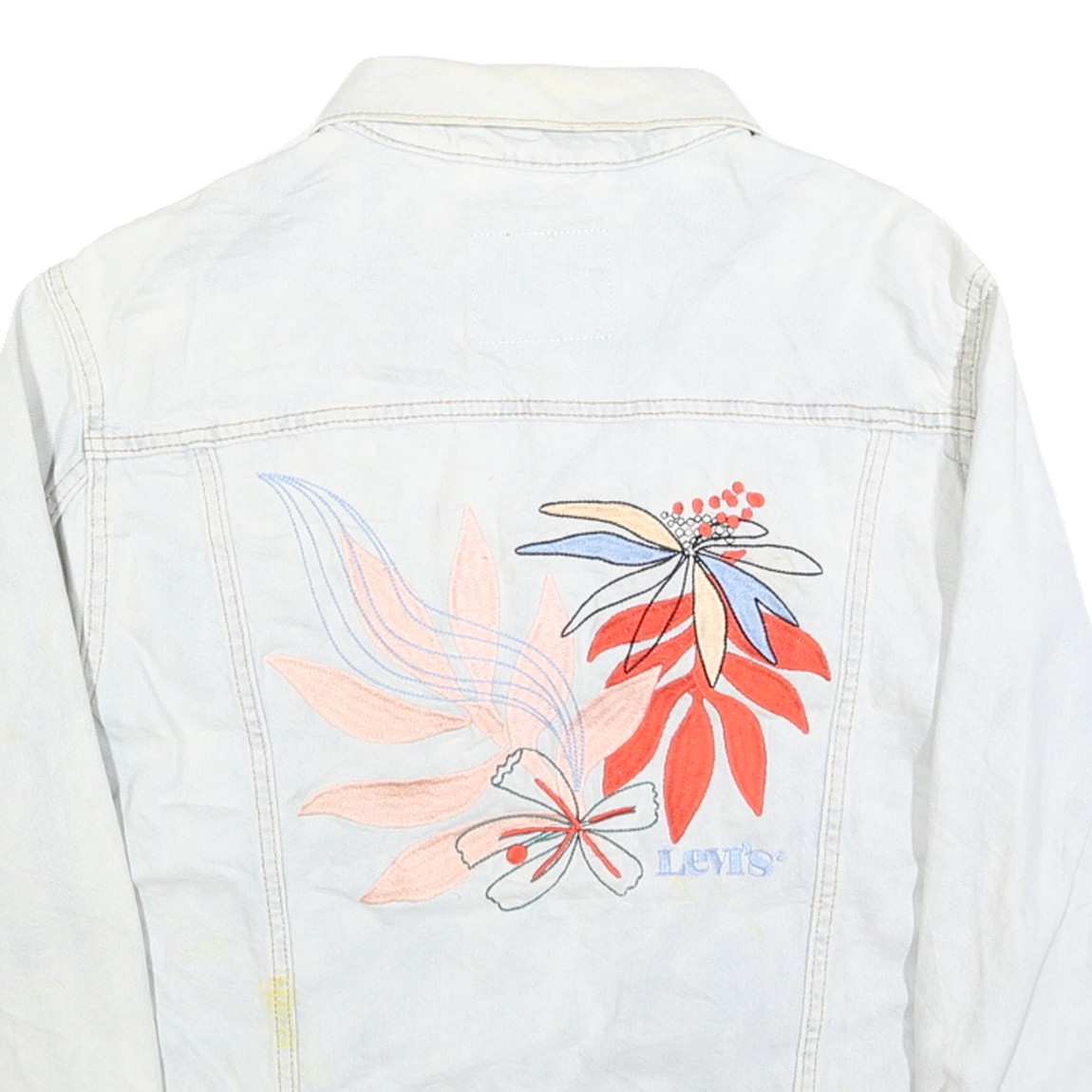 LEVI'S Womens Blue Denim Jacket M Cotton Button Floral Embroidered Casual
