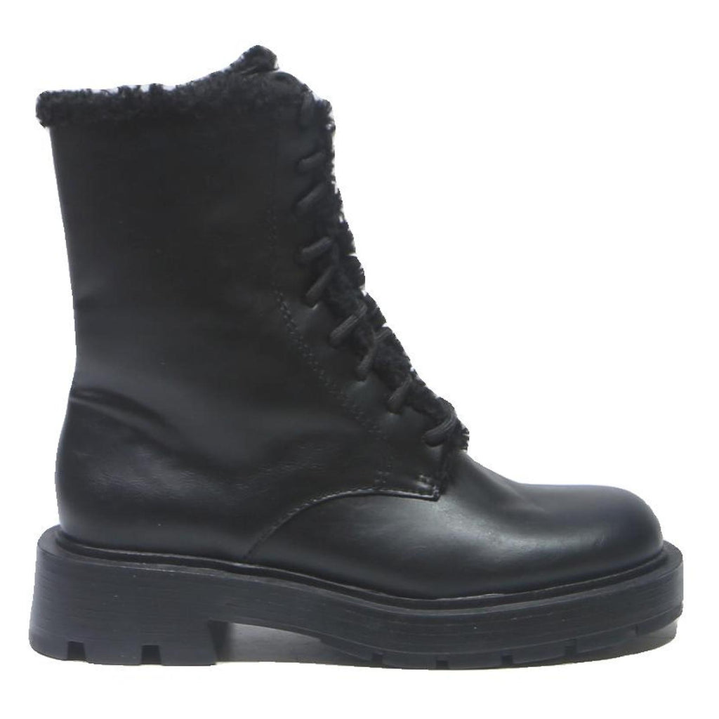 CHARLES & KEITH Womens Lace-Up Ankle Boots Leather UK 4 Black Warm Lined Chunky
