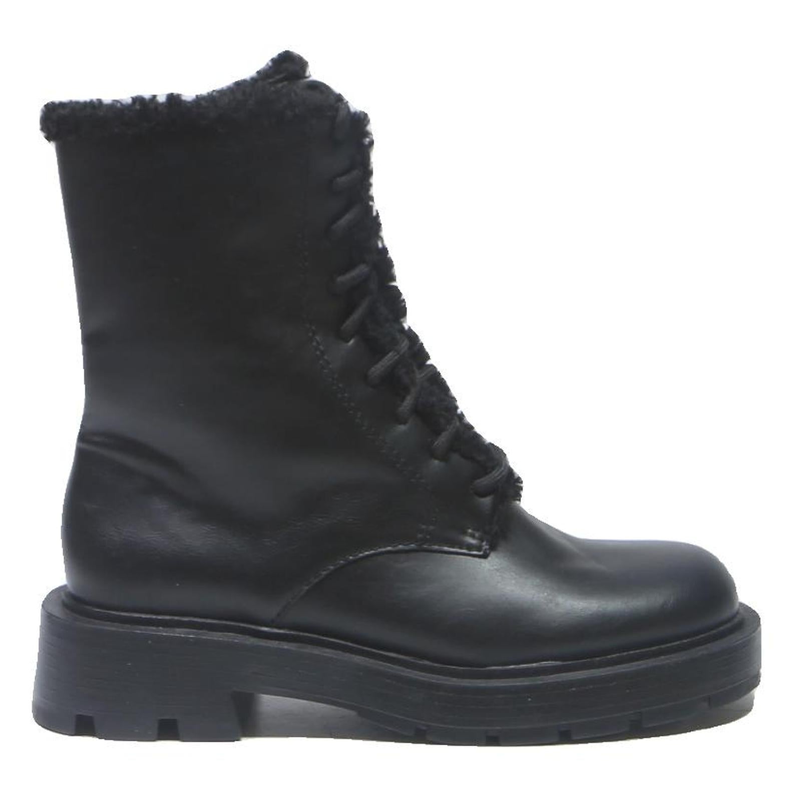 CHARLES & KEITH Womens Lace-Up Ankle Boots Leather UK 4 Black Warm Lined Chunky