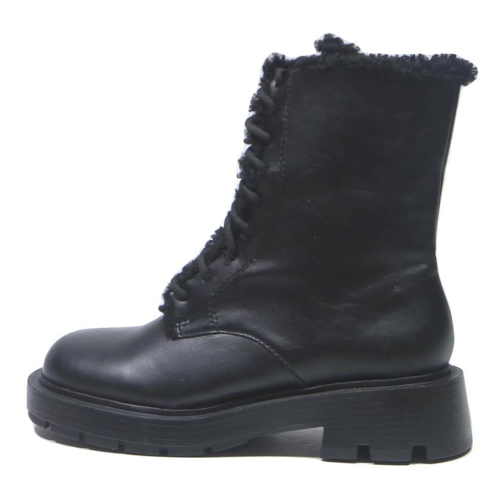 CHARLES & KEITH Womens Lace-Up Ankle Boots Leather UK 4 Black Warm Lined Chunky
