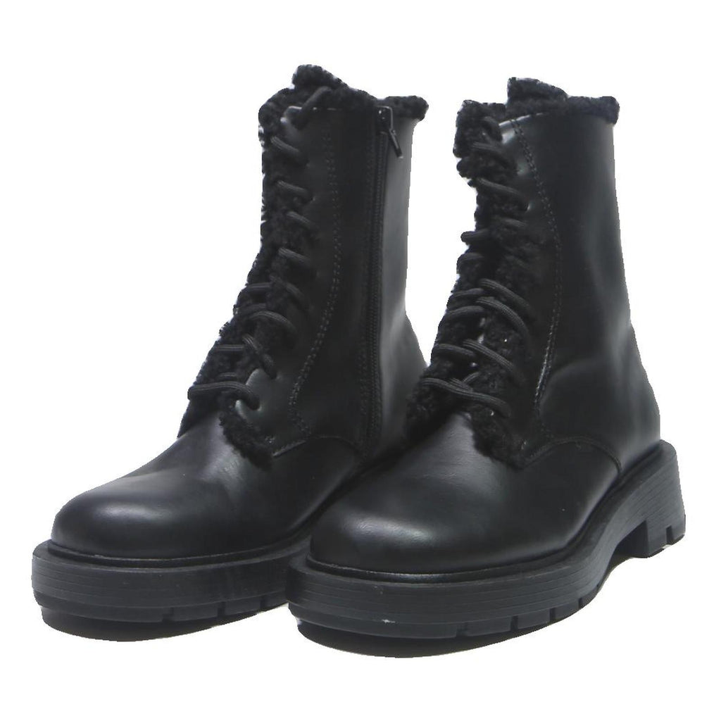 CHARLES & KEITH Womens Lace-Up Ankle Boots Leather UK 4 Black Warm Lined Chunky