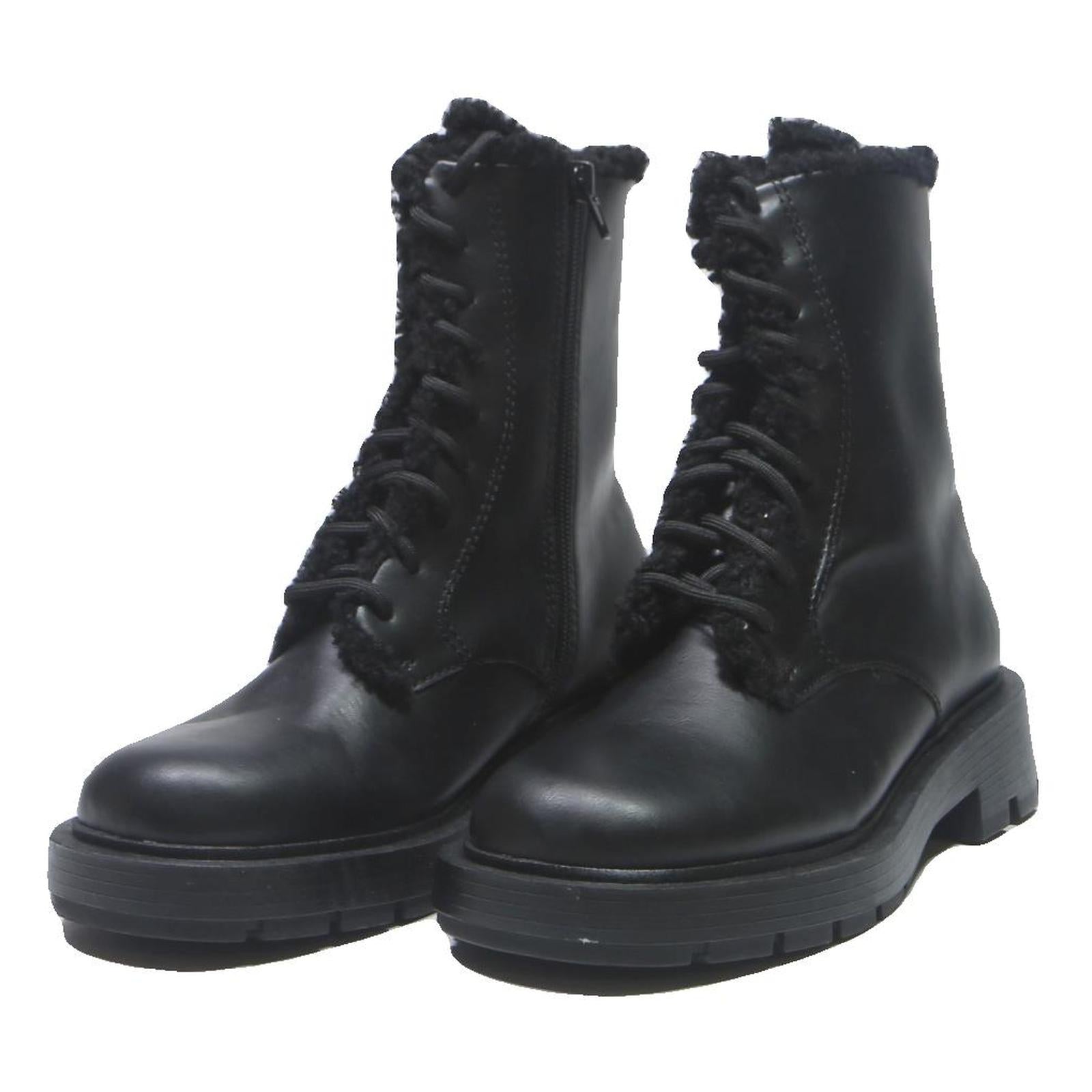 CHARLES & KEITH Womens Lace-Up Ankle Boots Leather UK 4 Black Warm Lined Chunky