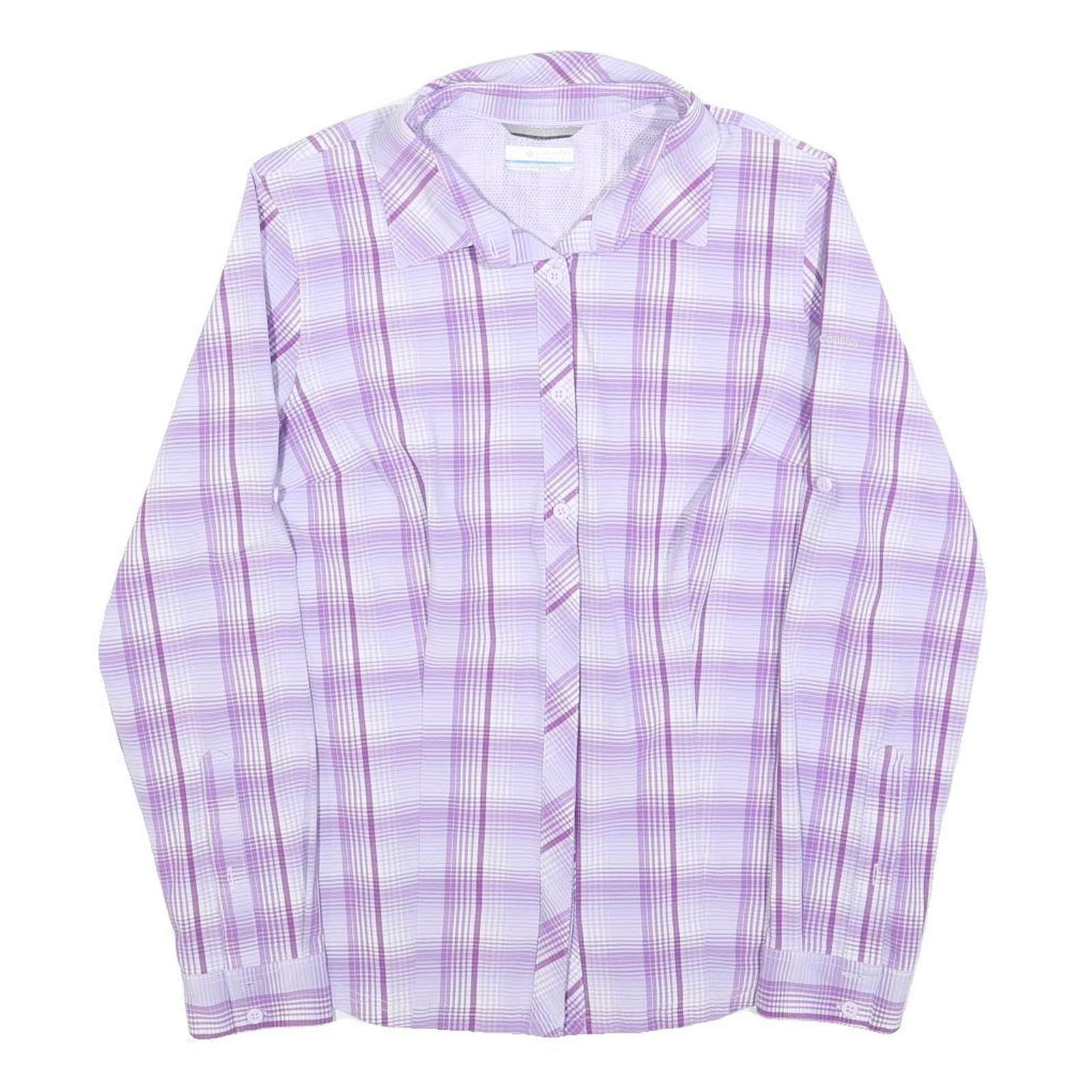 COLUMBIA Womens Purple & White Plaid Shirt L Lightweight Button Up Outdoor Shirt