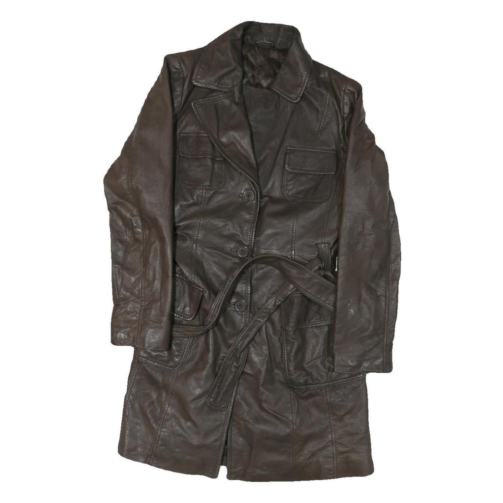 Womens Brown Leather Button Jacket M Plain Classic Fit Belted