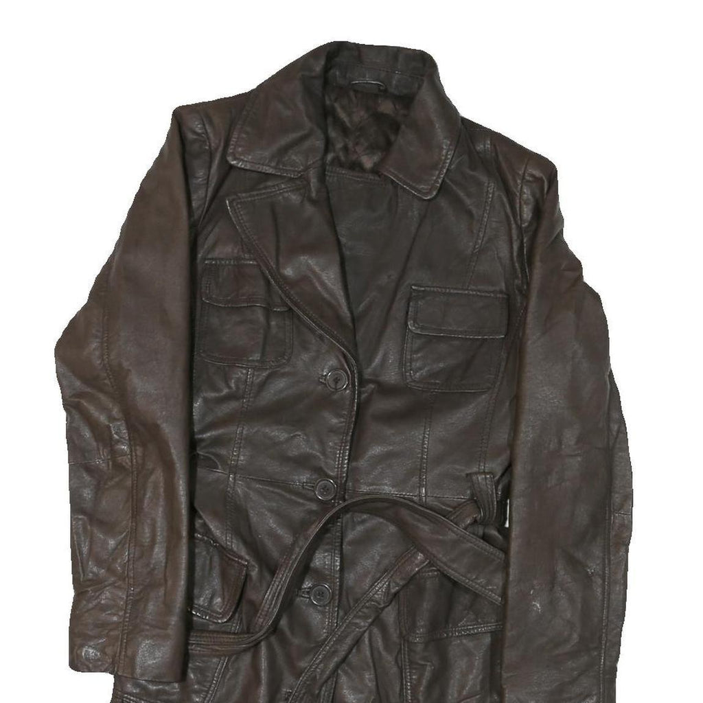 Womens Brown Leather Button Jacket M Plain Classic Fit Belted