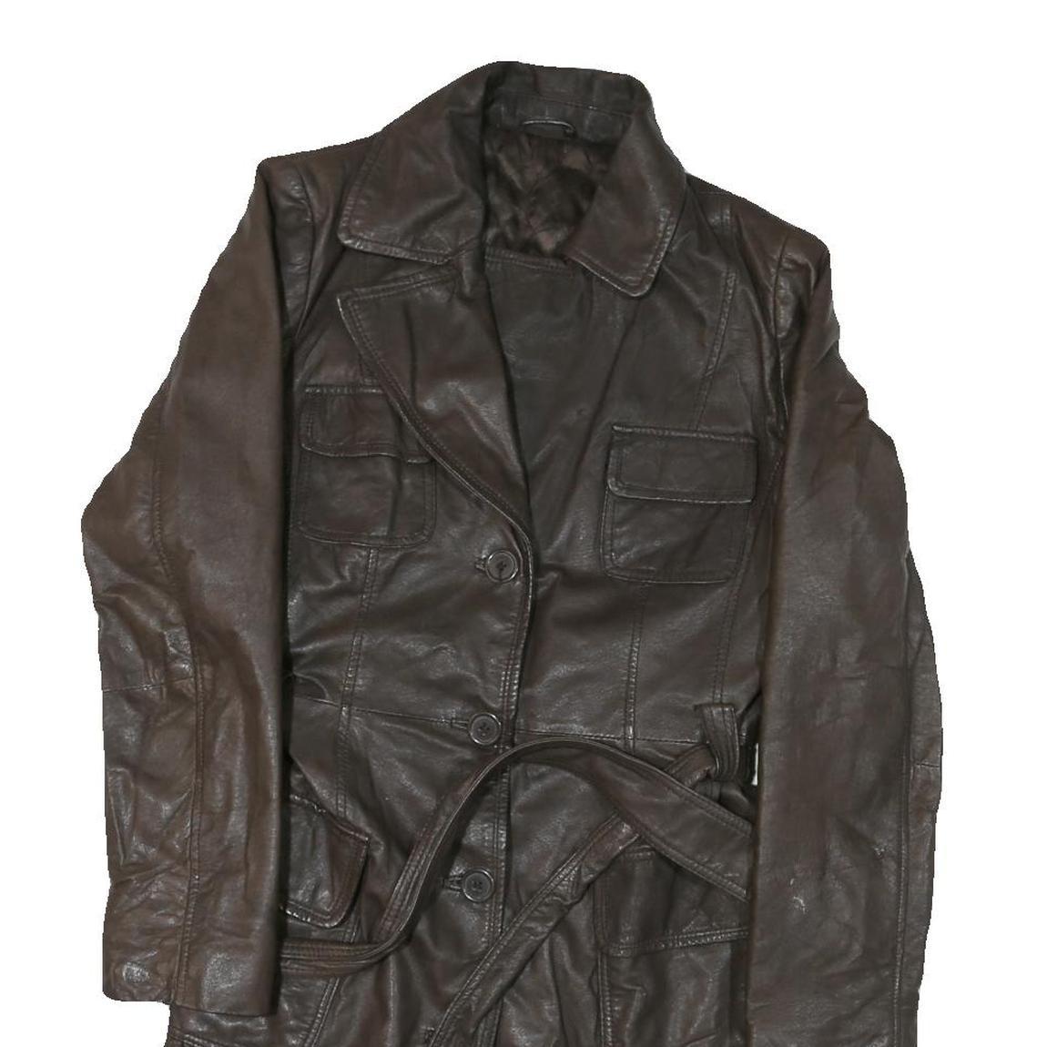 Womens Brown Leather Button Jacket M Plain Classic Fit Belted