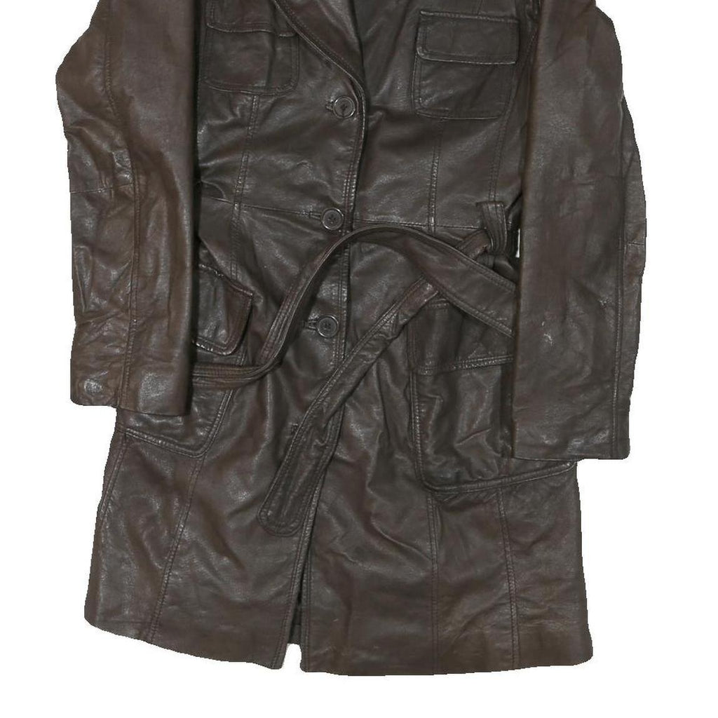 Womens Brown Leather Button Jacket M Plain Classic Fit Belted