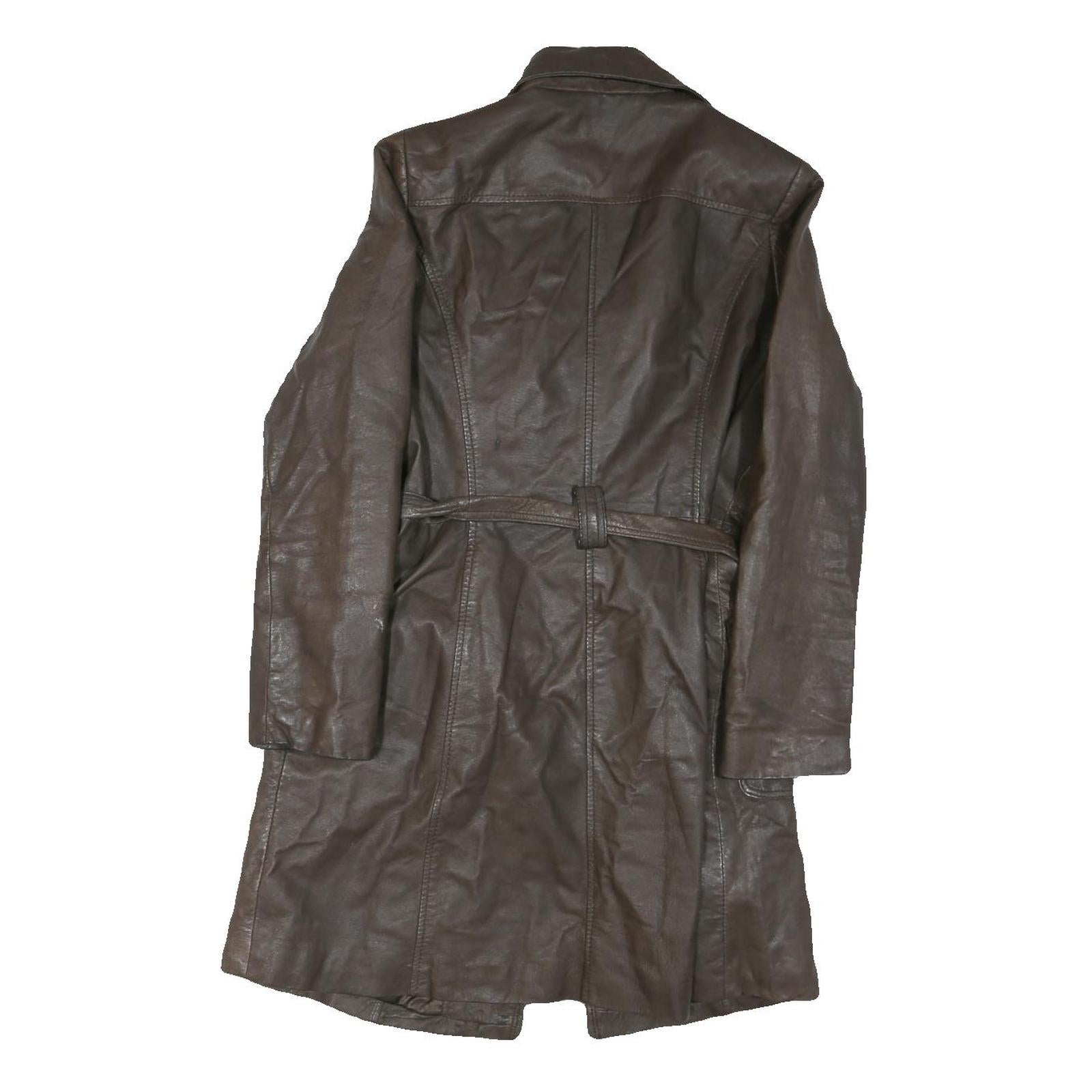 Womens Brown Leather Button Jacket M Plain Classic Fit Belted